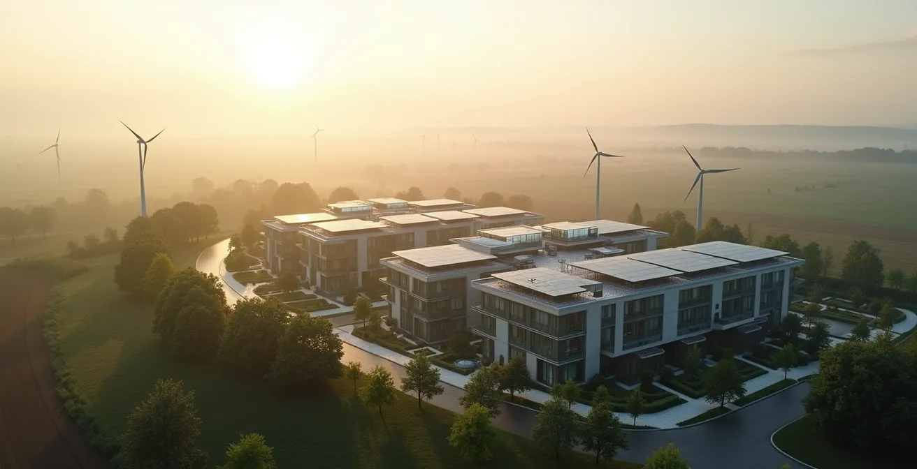 Vue environnementale d'un quartier autonome en énergie avec espaces verts et installations solaires intégrées