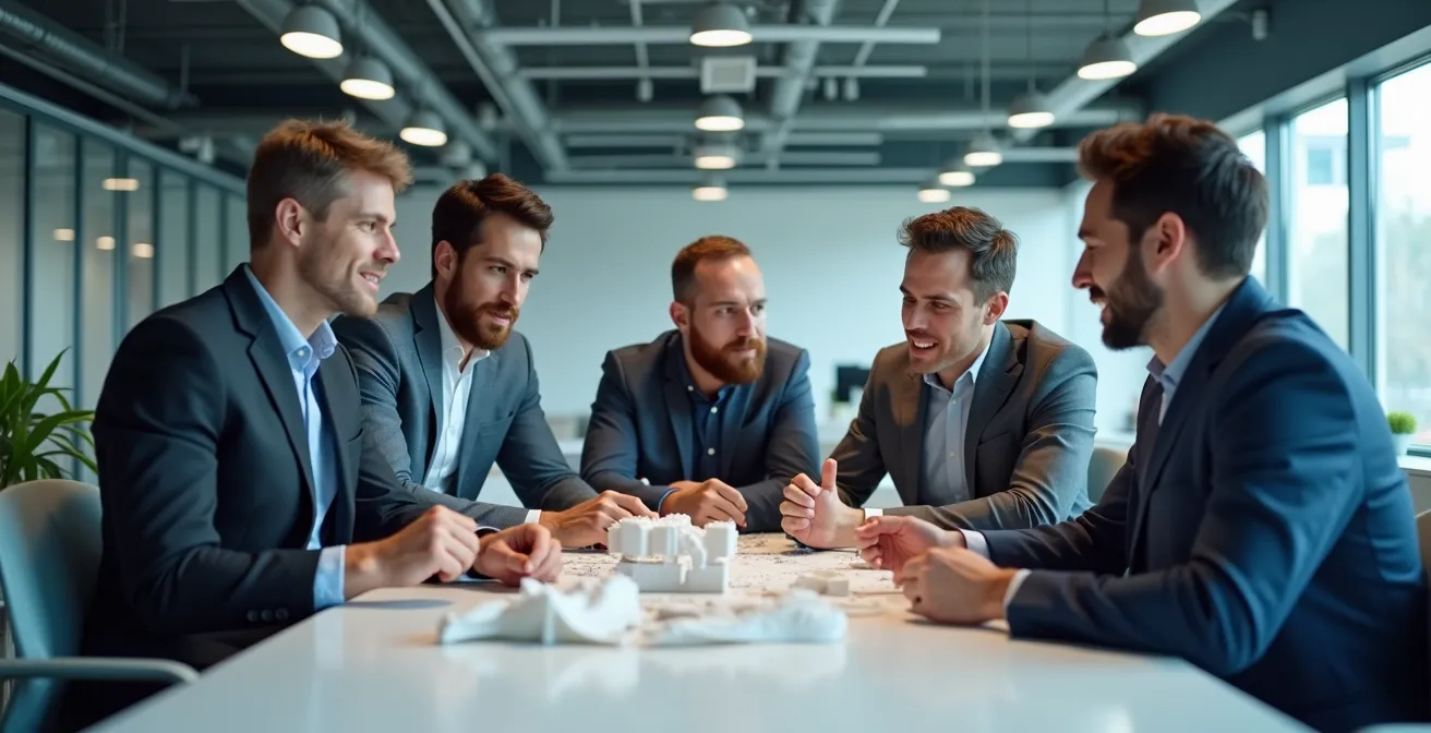 Équipe d'ingénieurs en réunion collaborative dans un espace moderne